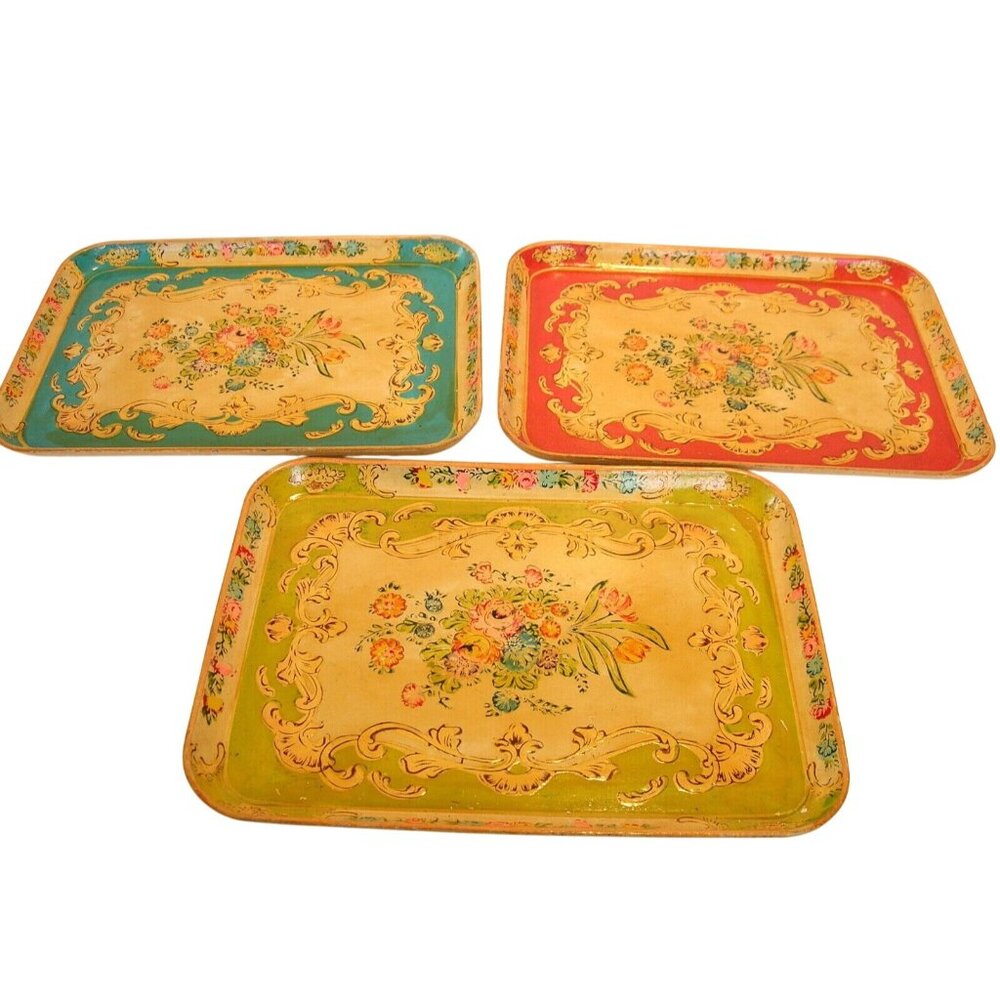 Occupied Japan Paper Mache Trays, Set of Three Large Trays - Picture 2 of 5